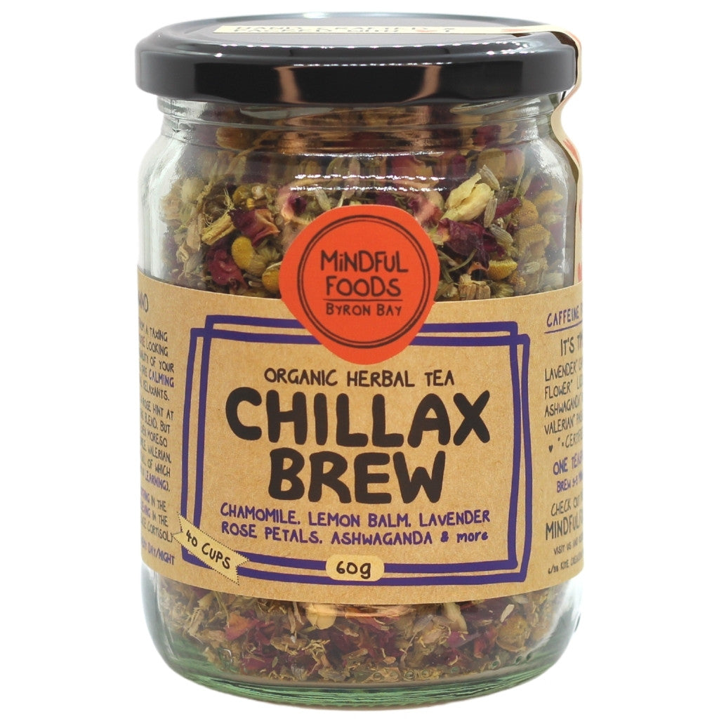 Mindful Foods Chillax Brew Organic Herbal Tea packaging